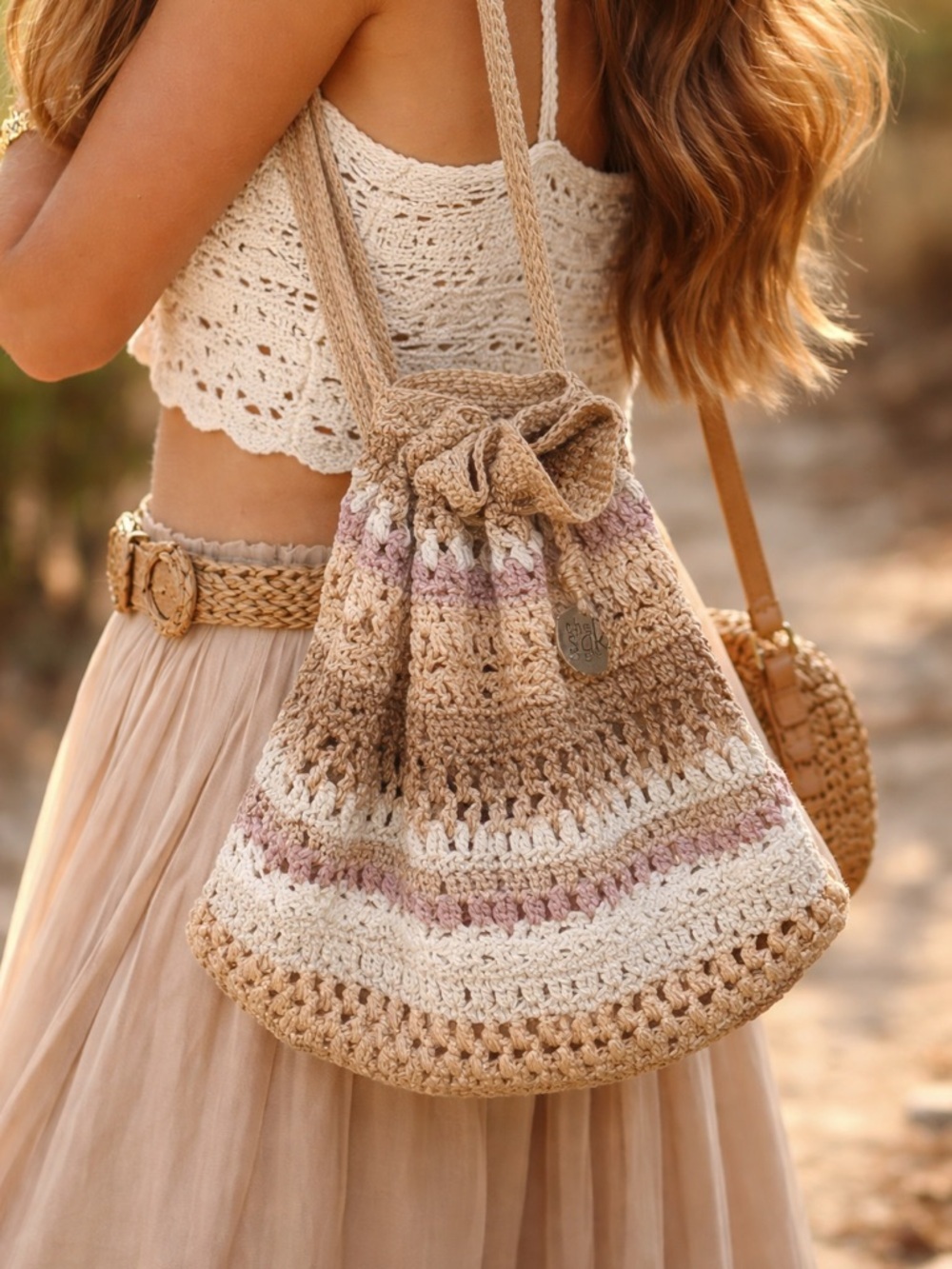 The Sak | Boho Janet Crochet Drawstring Shoulder Bag Neutral Stripes | AS IS